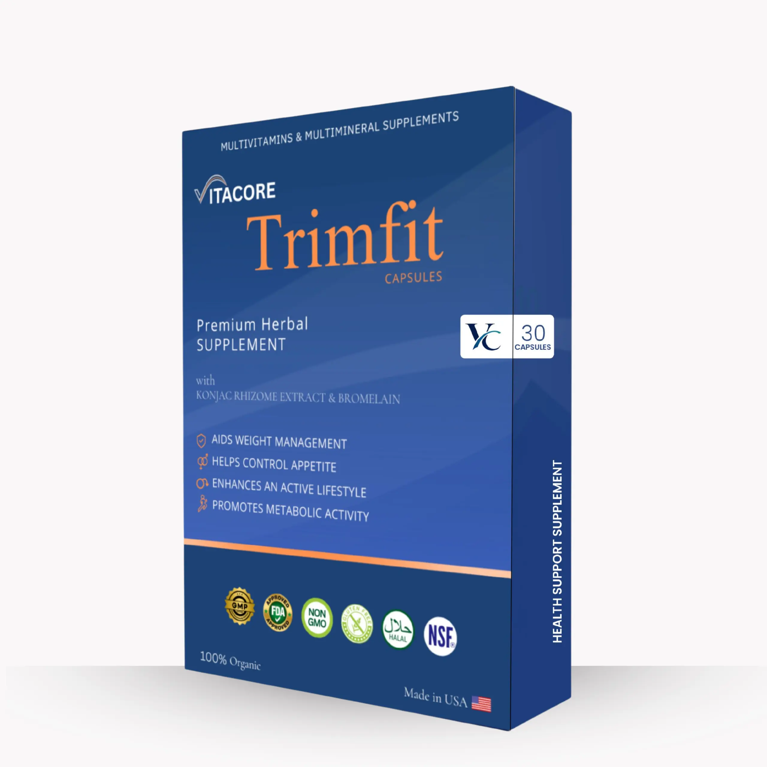 Hand holding Vitacore Trimfit supplement box